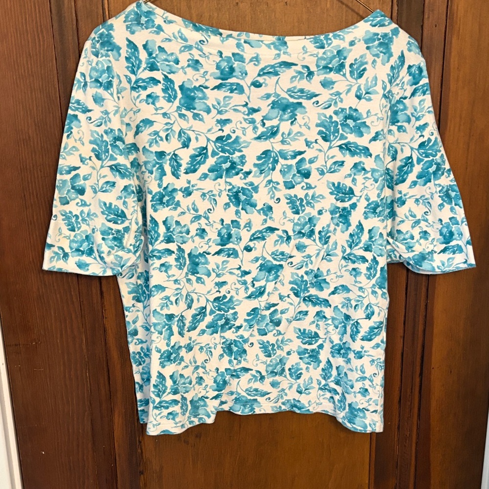 Appleseed's Teal and White Floral Scoop Neck Top